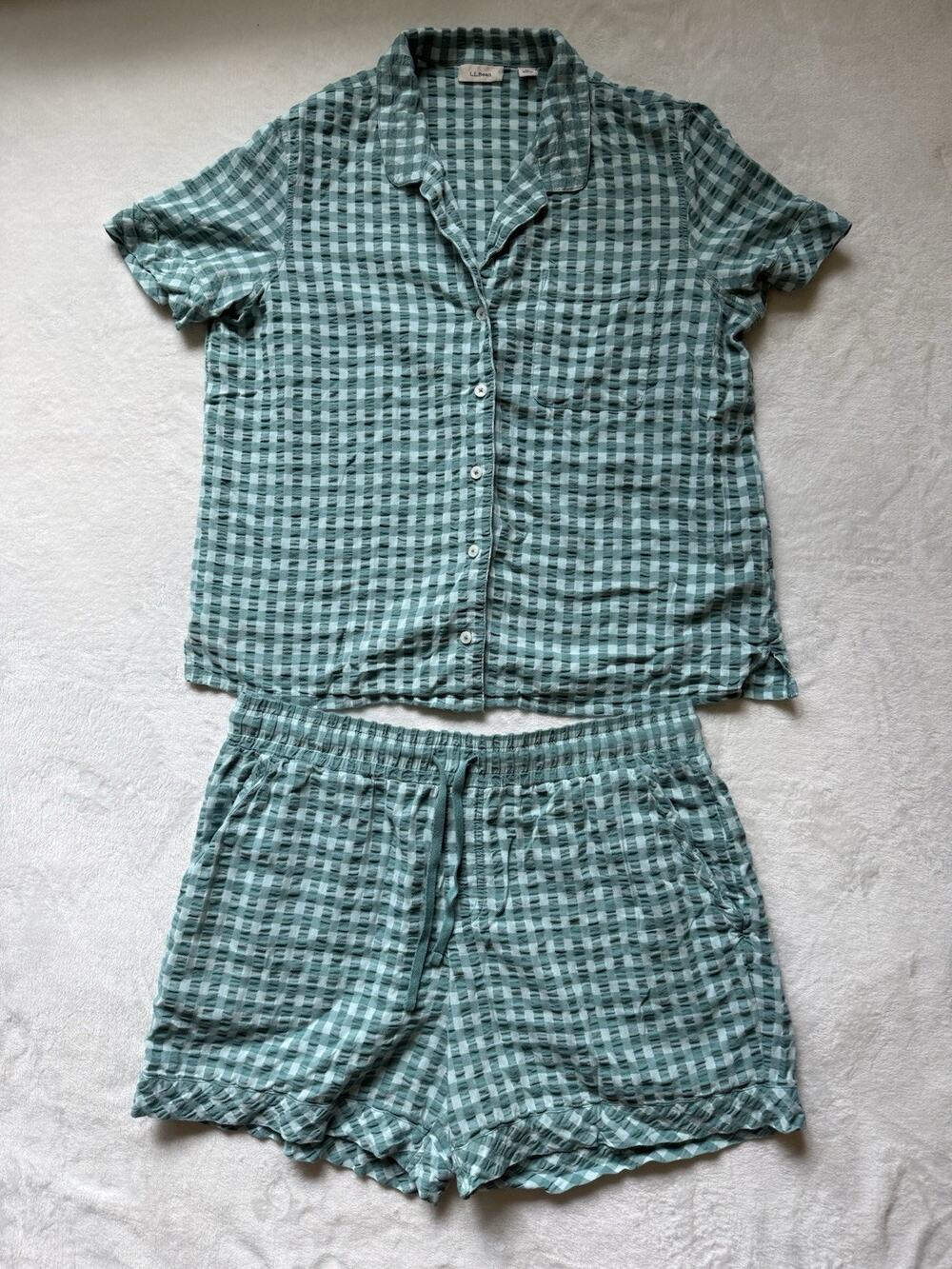Ll Bean Two Piece Lightweight Green Cotton Blend Classic Pajama Set Size Large